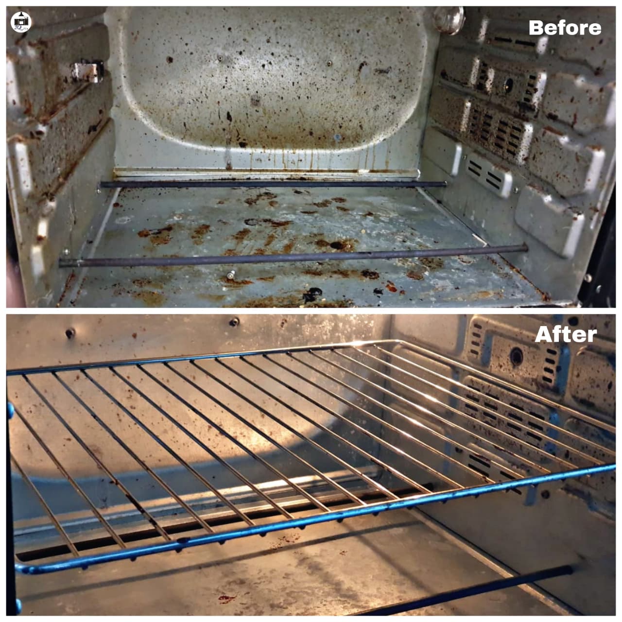 Oven interior before and after cleaning